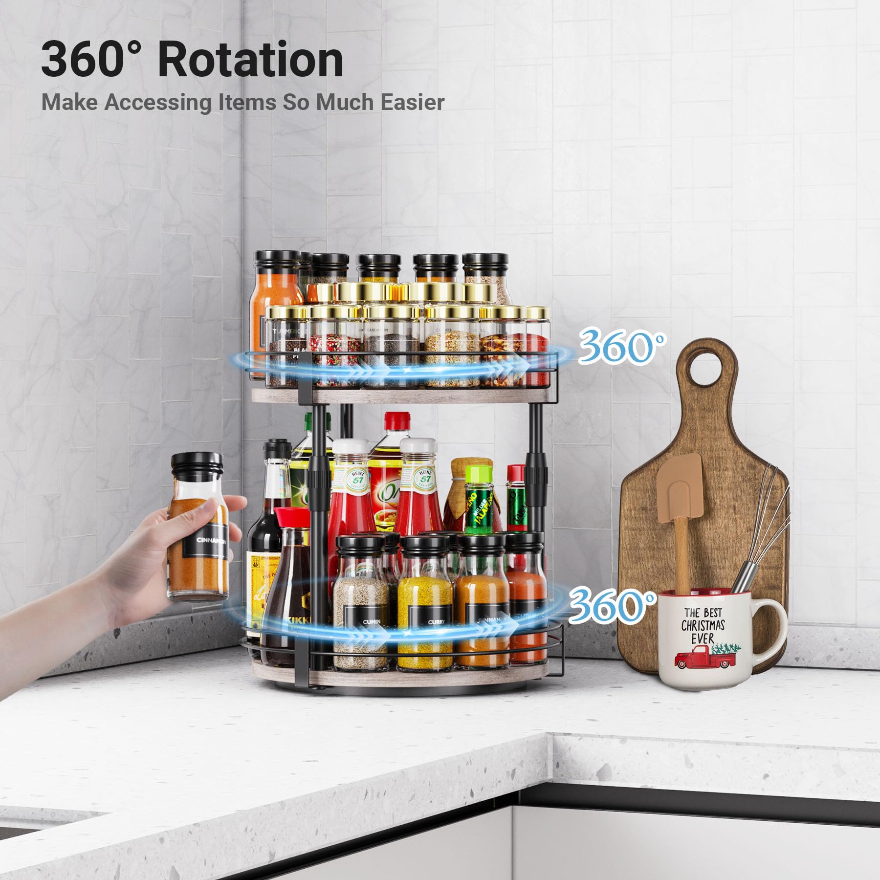 Across-Star metal frame with wooden trays offers durable, easy-to-clean spice storage.