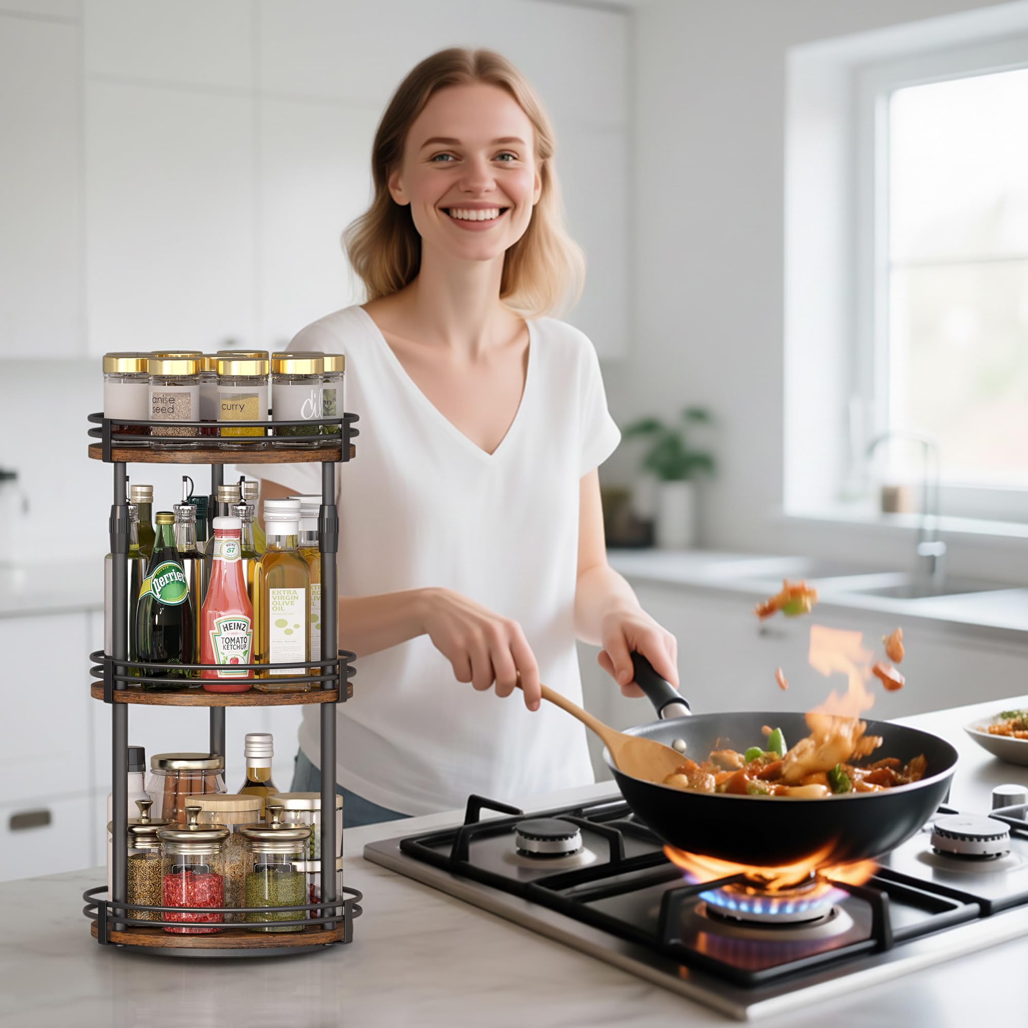 Across-Star spice rack 3-tier assembly shows spacious layout for multiple bottle types.