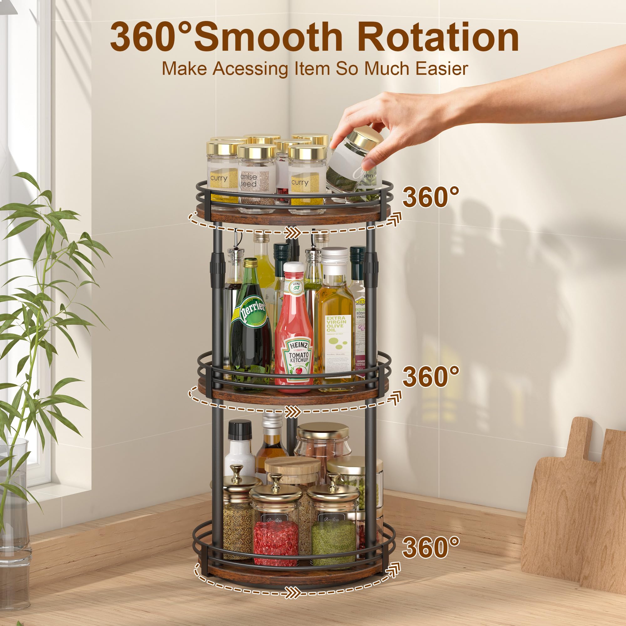 Across-Star spice rack raised fence prevents spills during rotation.
