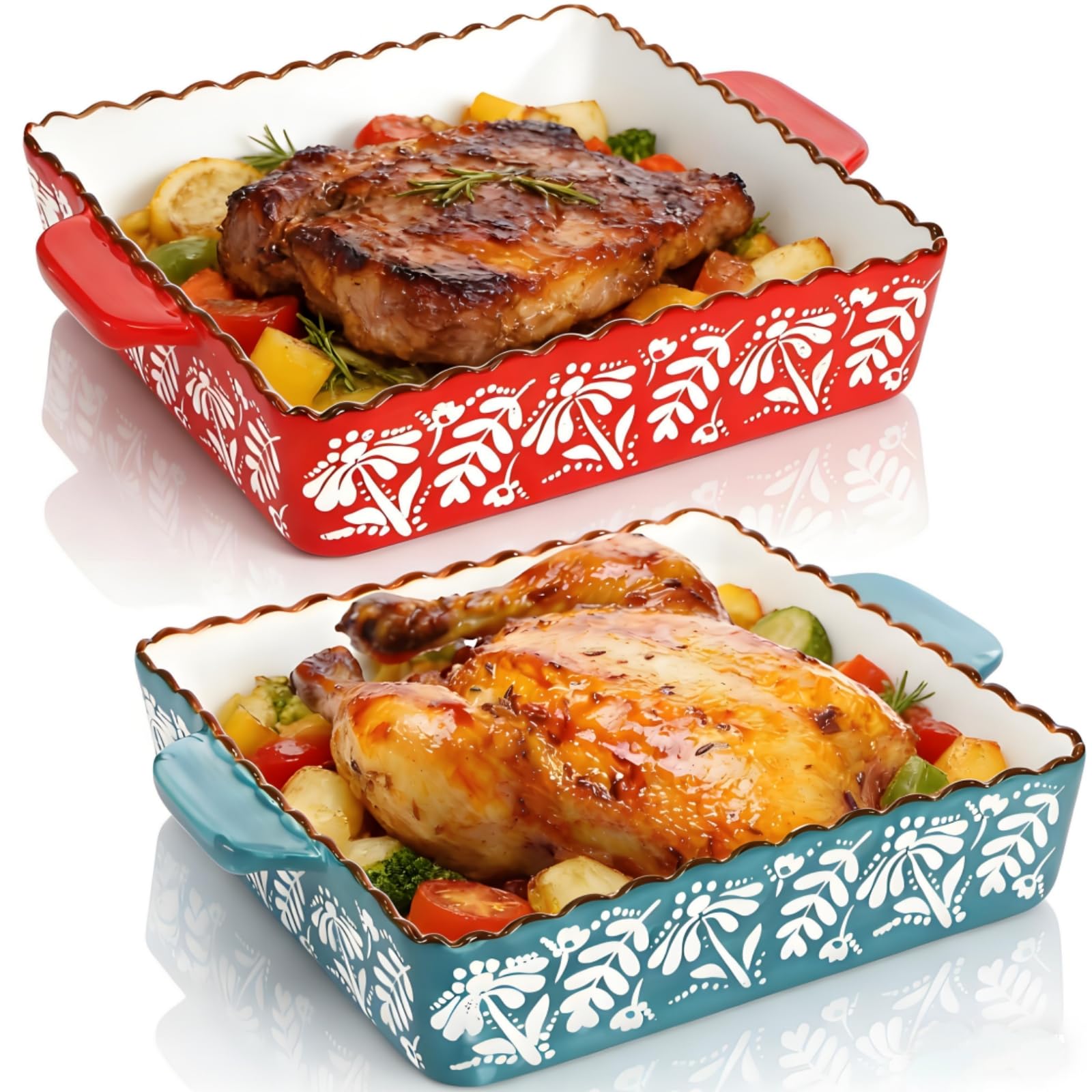 Acshio 2-pack ceramic baking dishes in blue and red for family meals