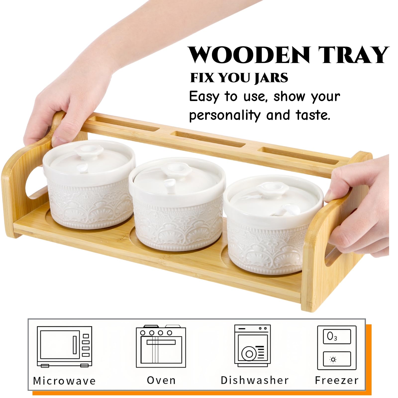 Acshio bamboo raised tray showcases three condiment jars neatly