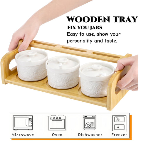 Acshio bamboo raised tray showcases three condiment jars neatly