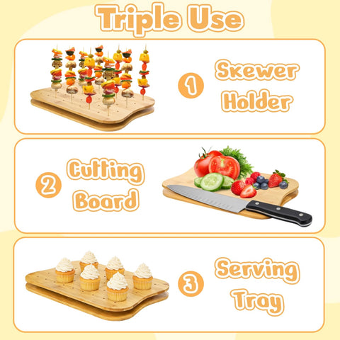 Acshio bamboo skewer holder back view with dual-use cutting board feature