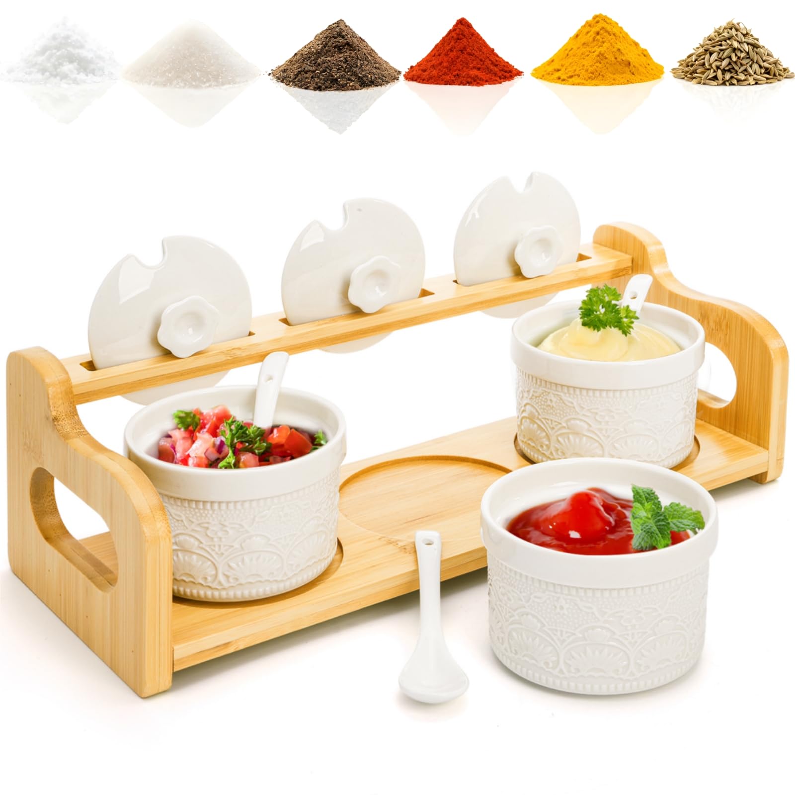 Acshio ceramic dipping jars on display tray for sauces and snacks