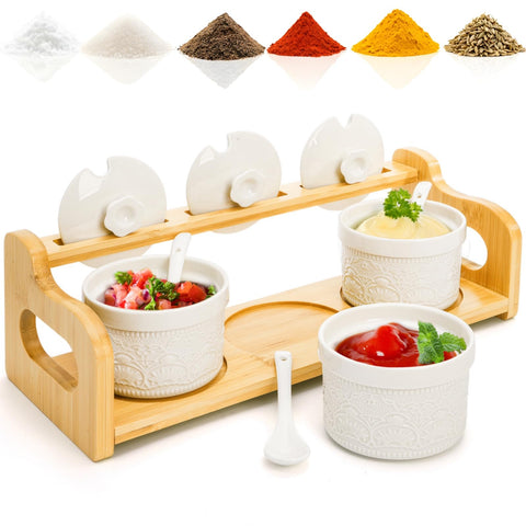 Acshio ceramic dipping jars on display tray for sauces and snacks