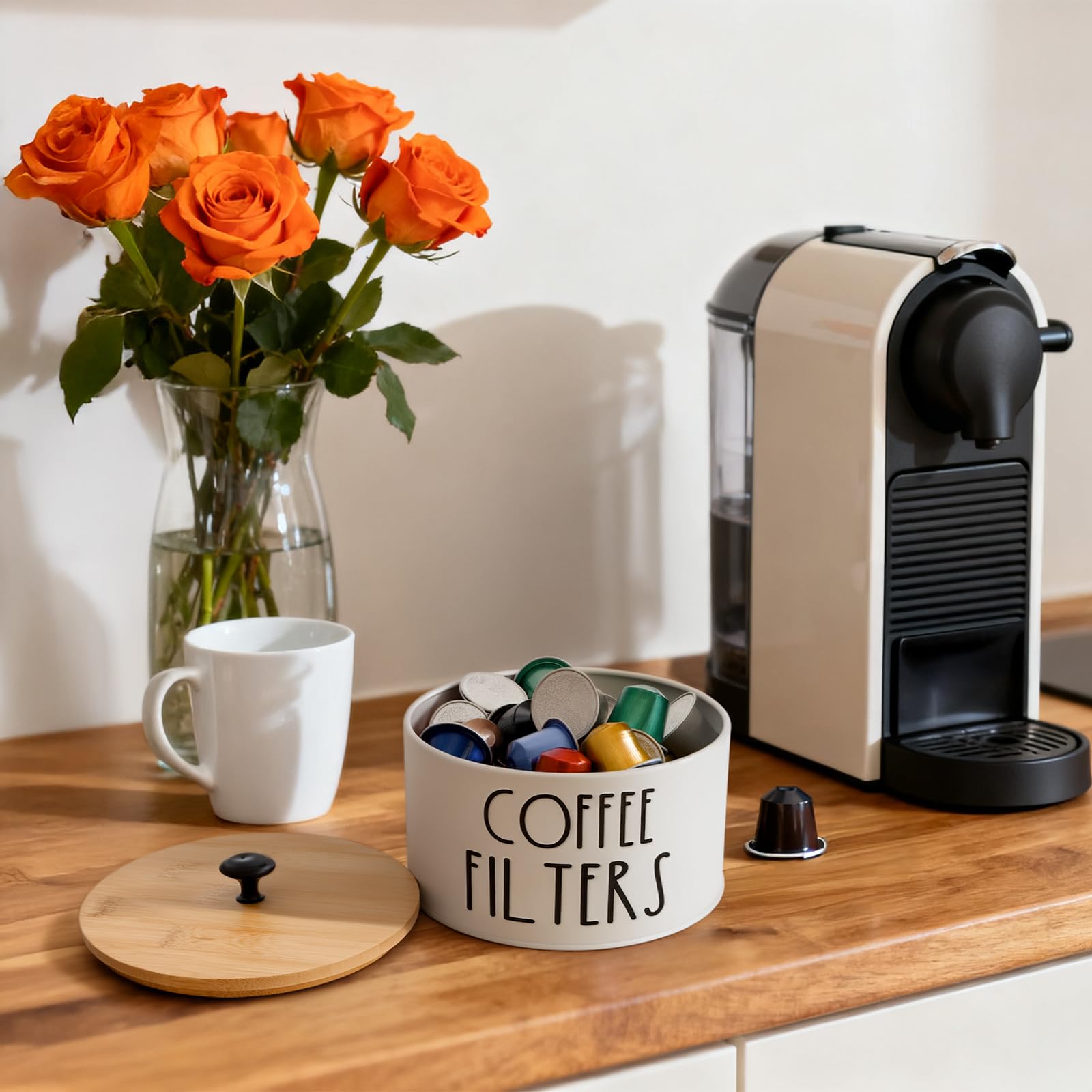 Acshio pod and tea organizer helps streamline the coffee station.