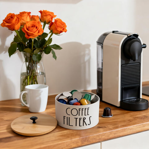 Acshio pod and tea organizer helps streamline the coffee station.