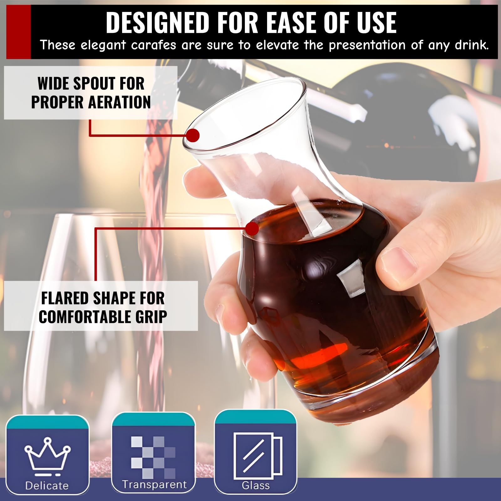 Acshio wine carafe with narrow neck adds elegant table appeal and controlled pour