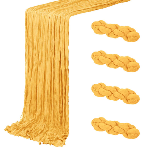 ACSUIT four-pack gold cheesecloth table runner over dining table for elegant wedding decor.