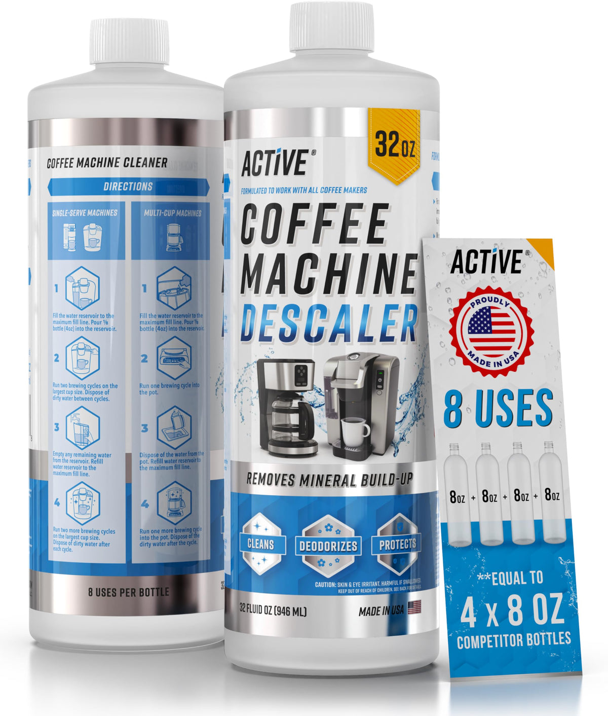 ACTIVE Coffee Descaler 32oz bottle ready to tackle mineral buildup in any coffee maker