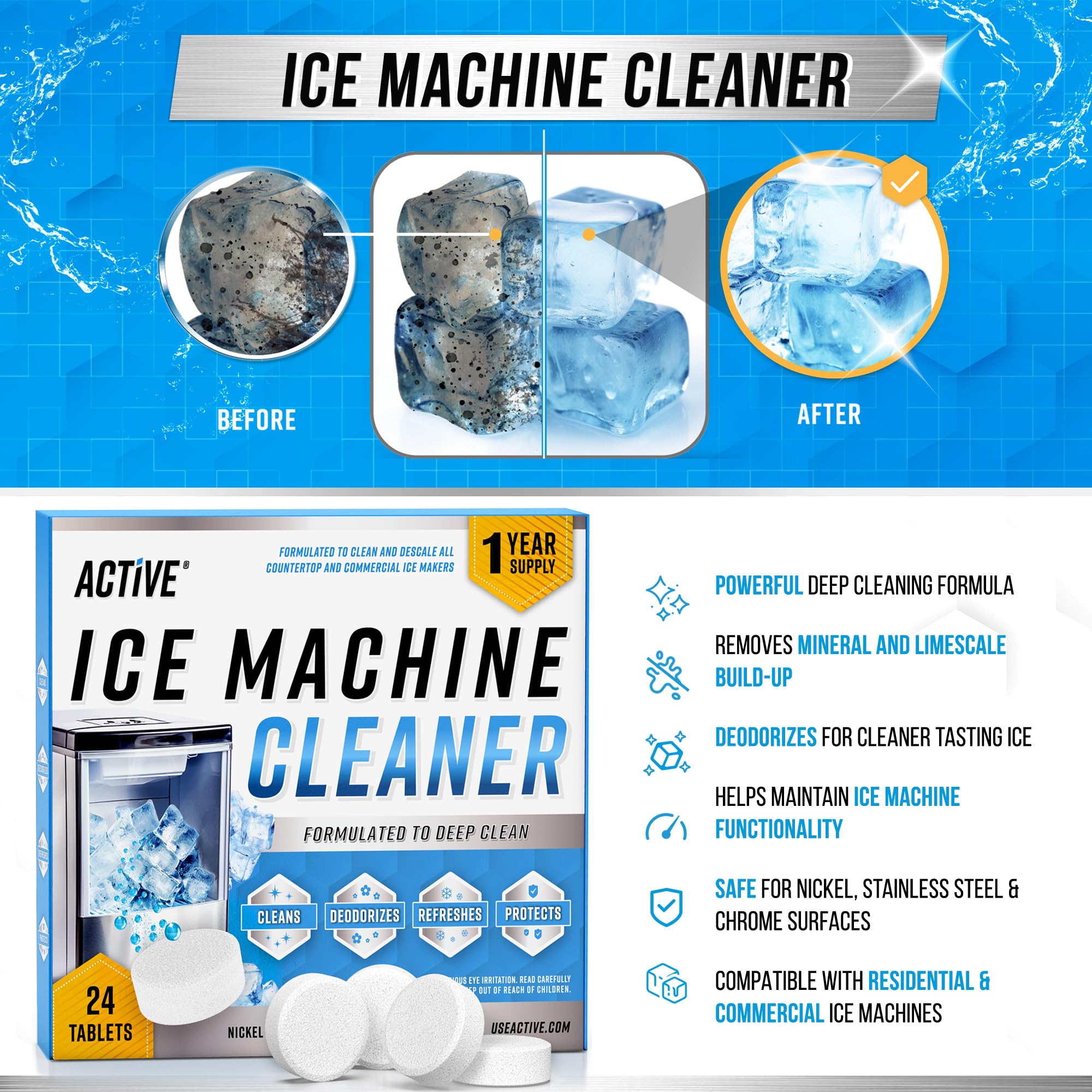ACTIVE descaler close-up showing safe formula for nickel and stainless steel.