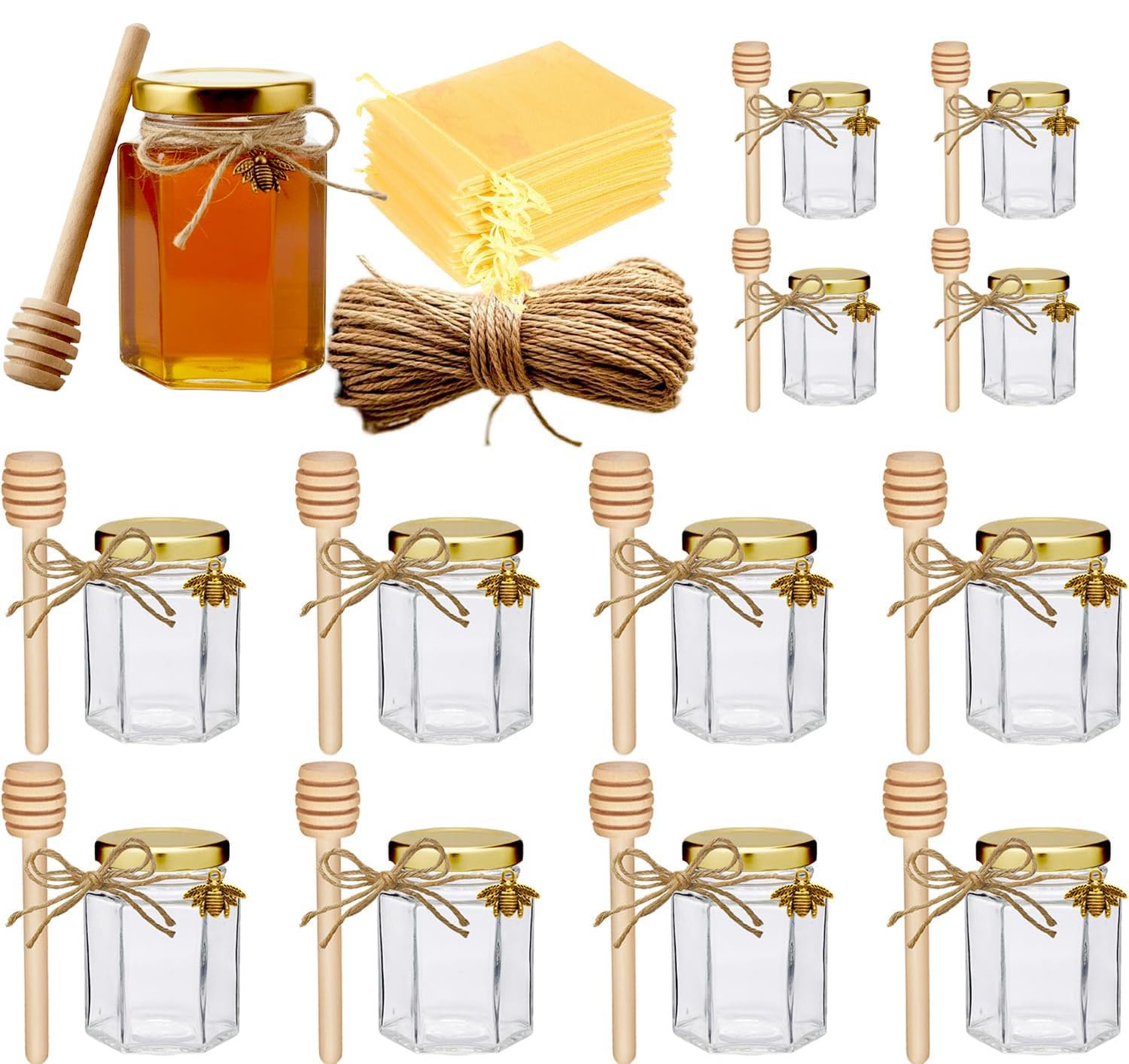 Adabocute 4oz hexagonal honey jar with gold lid, perfect for wedding favors.