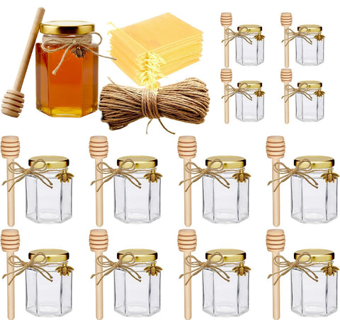 Adabocute 4oz hexagonal honey jar with gold lid, perfect for wedding favors.