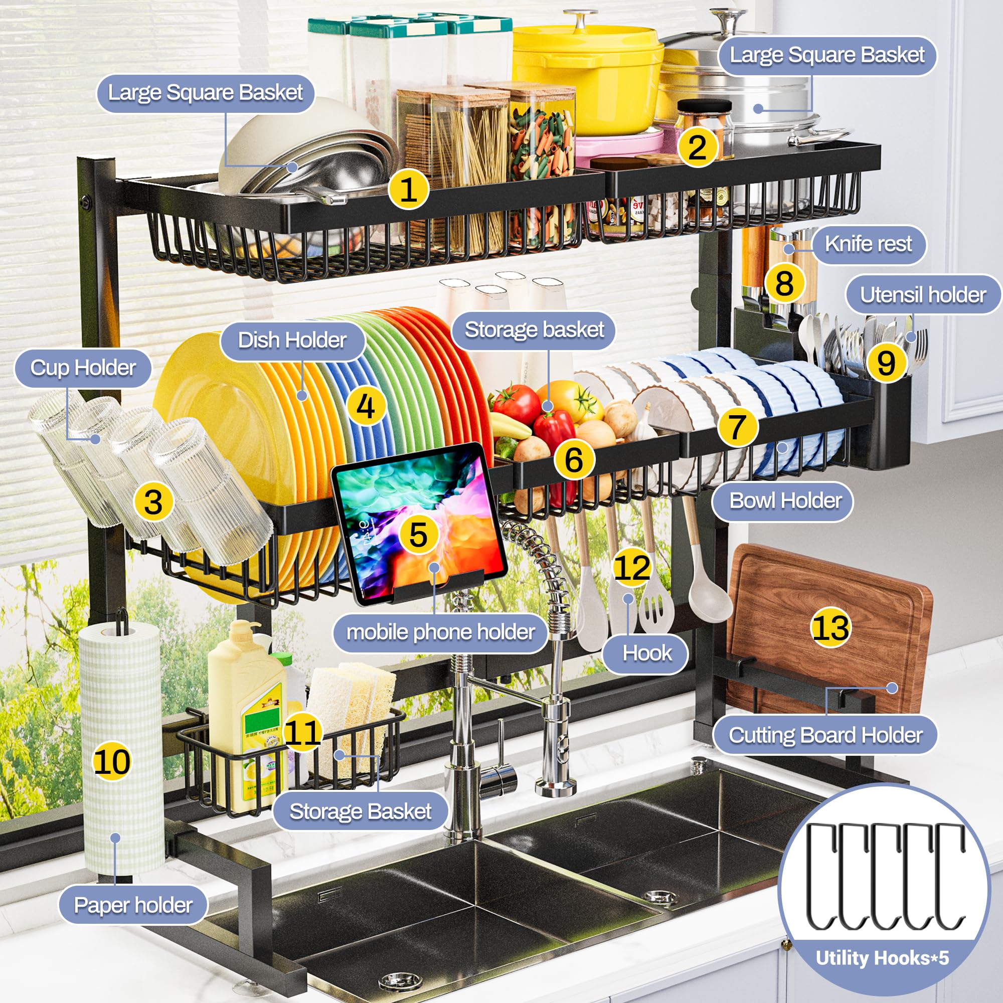 ADBIU over-sink rack saves counter space by mounting above the sink