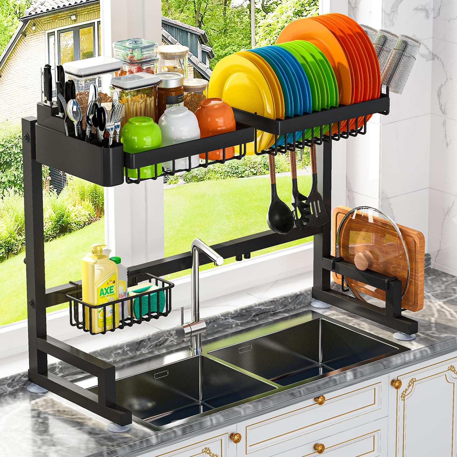ADBIU extendable over-sink rack fits variable sink lengths for flexible kitchen setup.
