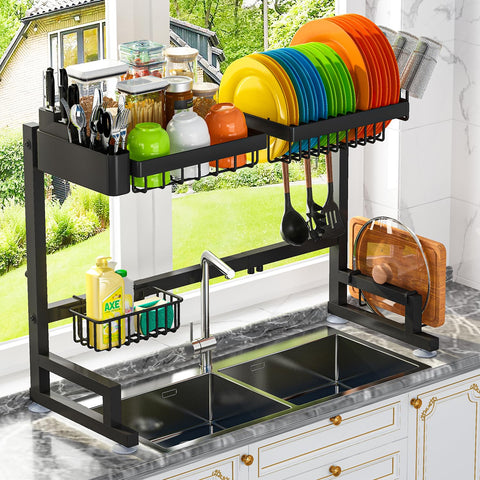 ADBIU extendable over-sink rack fits variable sink lengths for flexible kitchen setup.