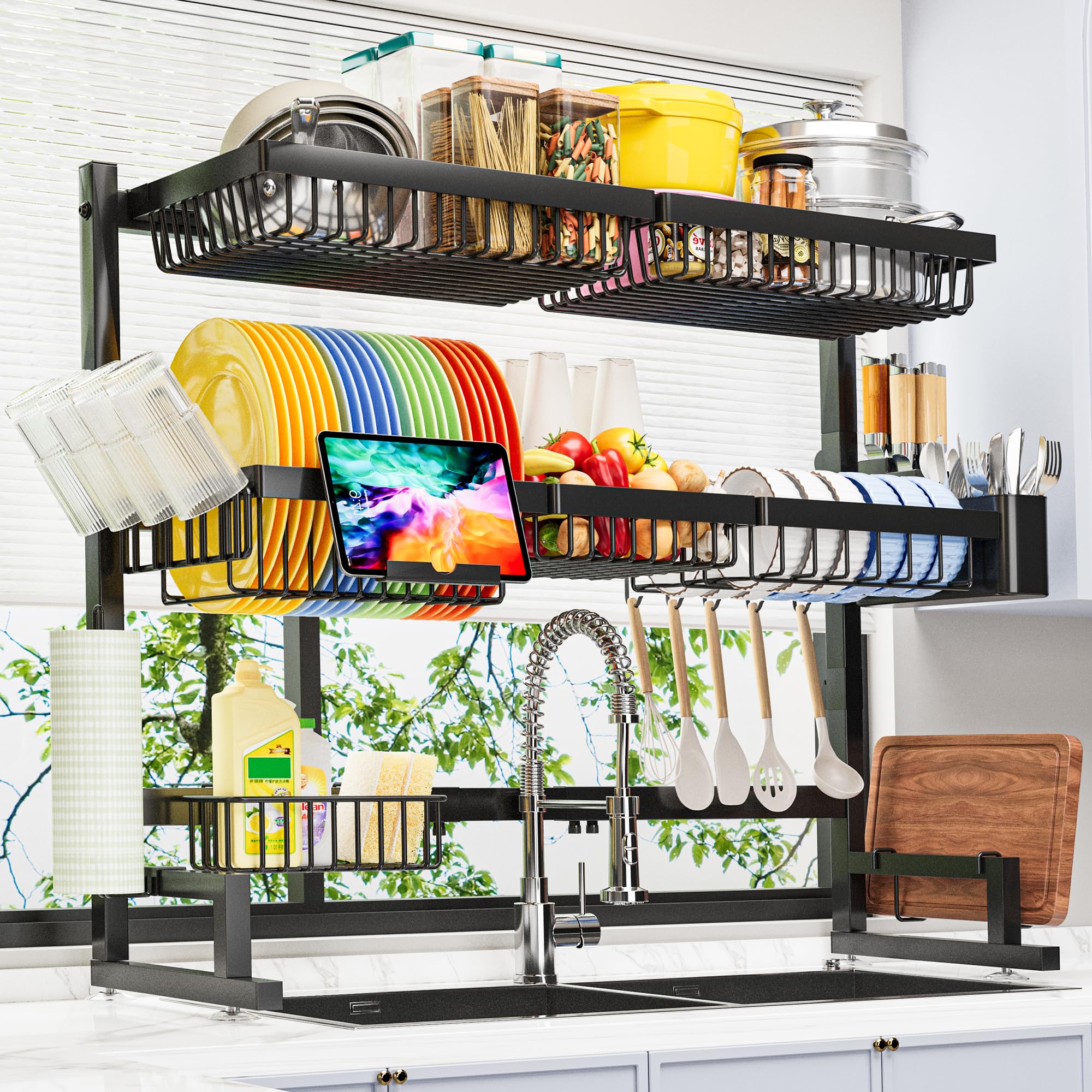 ADBIU over-the-sink rack with extended length fits larger sinks and frees counter space