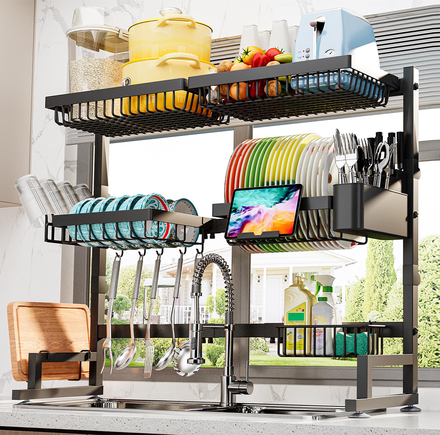 ADBIU over-the-sink dish rack extends to fit longer sinks, freeing counter space.