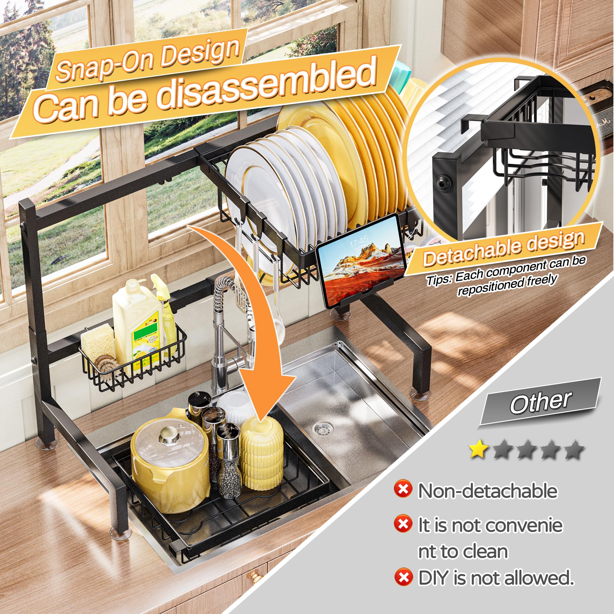 ADBIU over-the-sink rack adjustable height accommodates tall items like pans and lids.