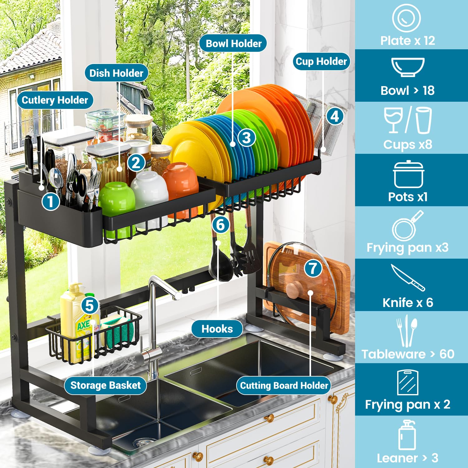 ADBIU two-tier stainless steel rack provides organized drying space above counter.