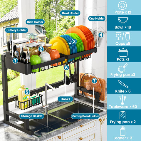 ADBIU two-tier stainless steel rack provides organized drying space above counter.