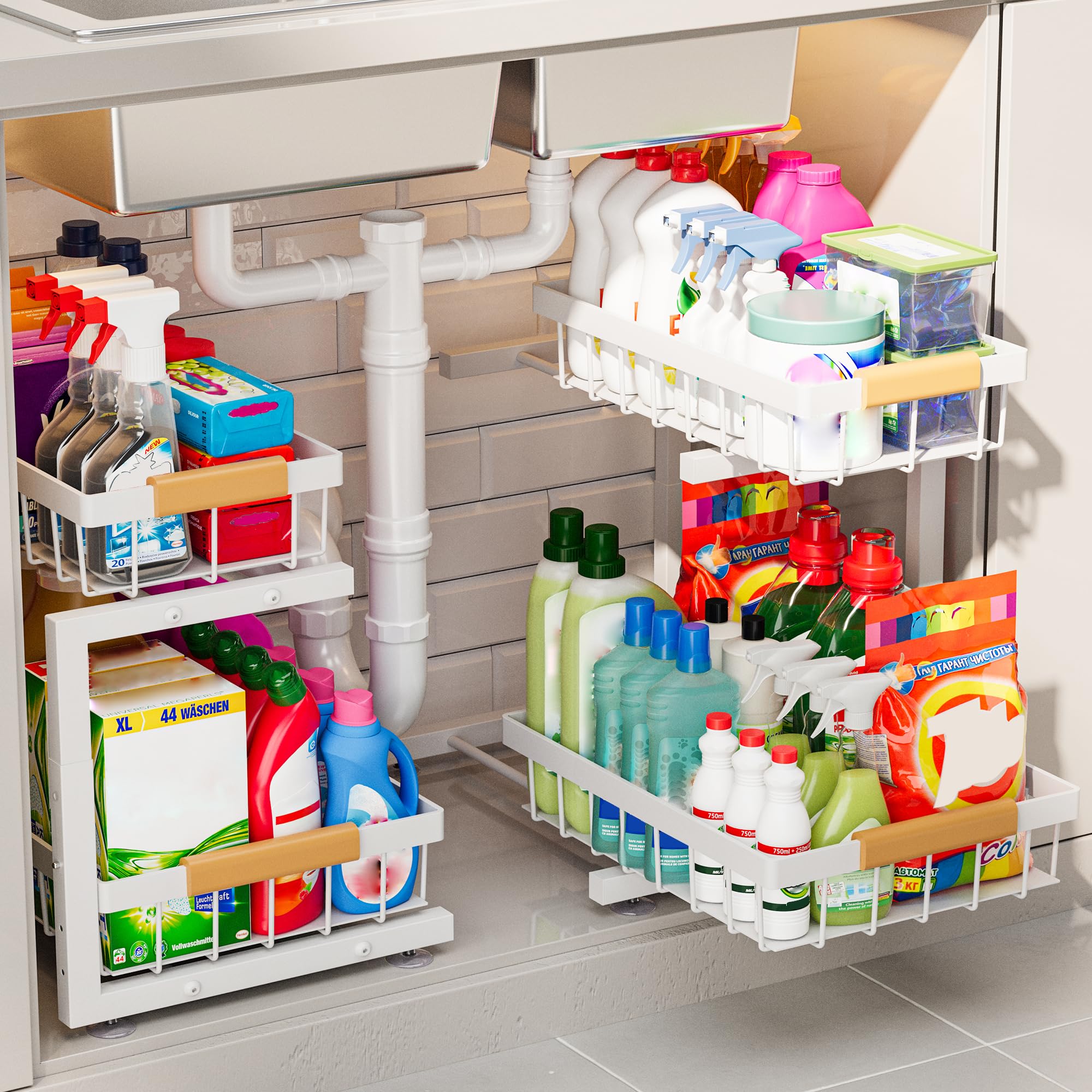 ADBIU two-tier white under-sink organizer boosts cabinet storage.