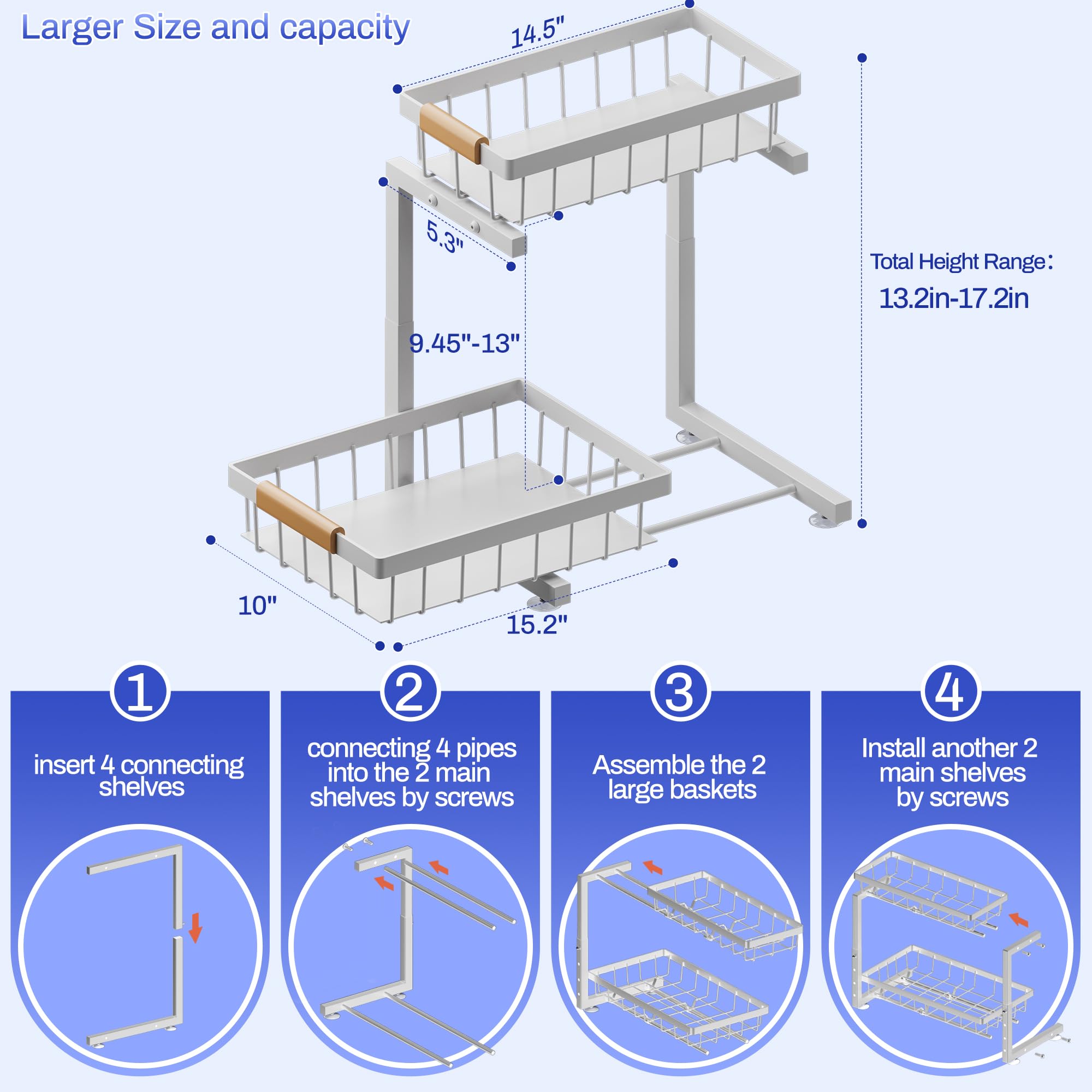 ADBIU expandable-height under-sink organizer fits varied spaces.