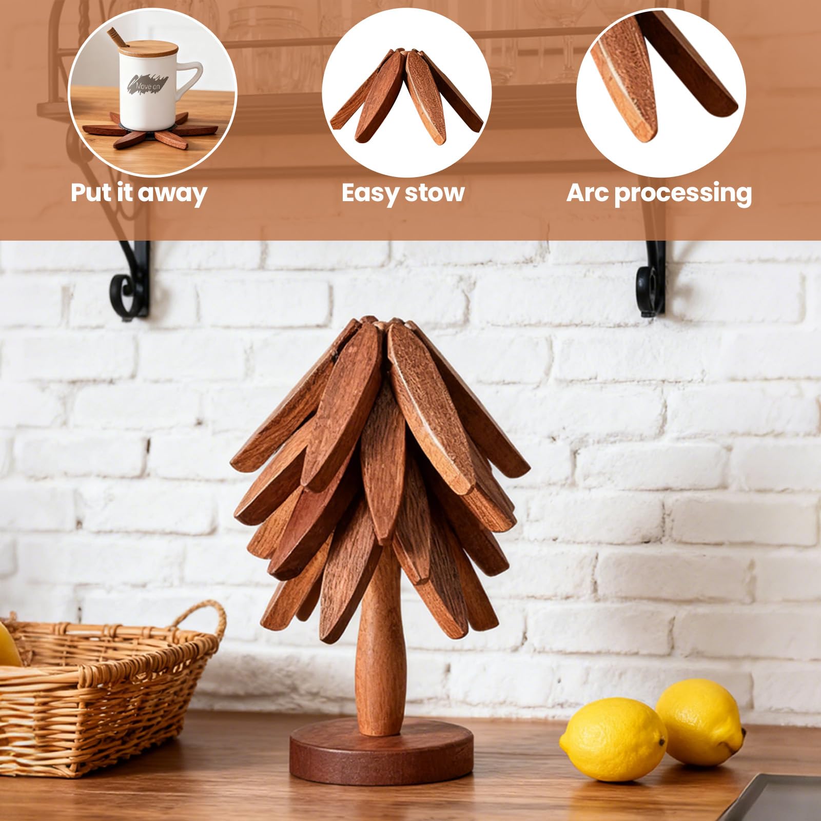 ADDSSFUBAO wooden trivet stand for neat storage.