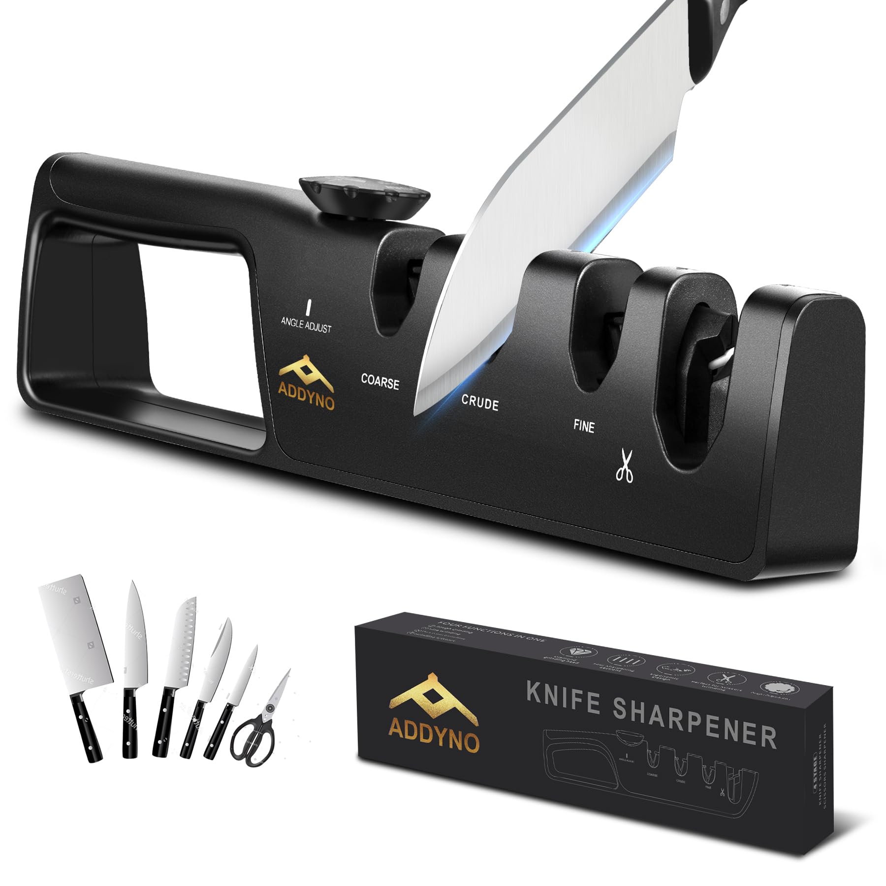 Addyno ADDYNO 4-in-1 knife sharpener with angle dial for precise edge alignment