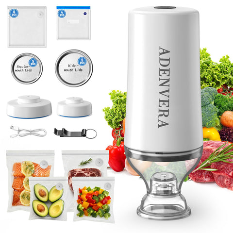 ADENVERA compact vacuum sealer front view showing a sleek, portable design for on-the-go use