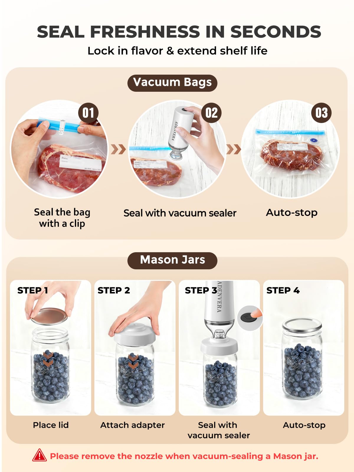 ADENVERA sealing action demonstrates fast, reliable vacuuming with auto-stop