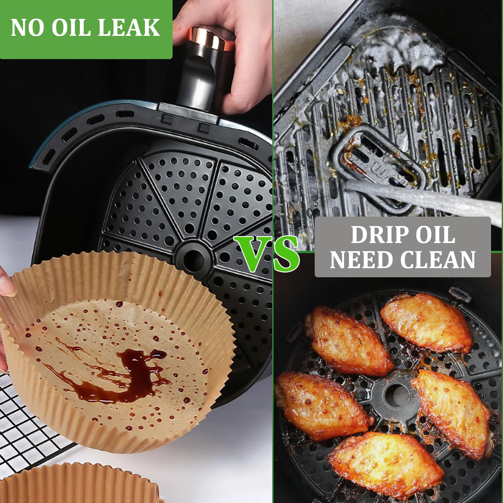 Adhjito liners in air fryer basket illustrating clean, grease-free cooking.