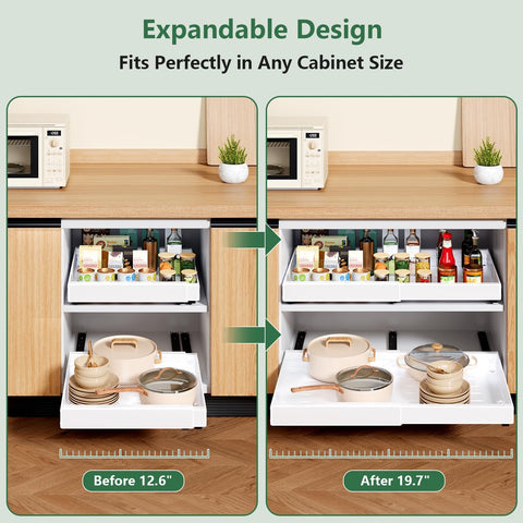 Adjustable pantry organizer roll-out in white for space-saving convenience.