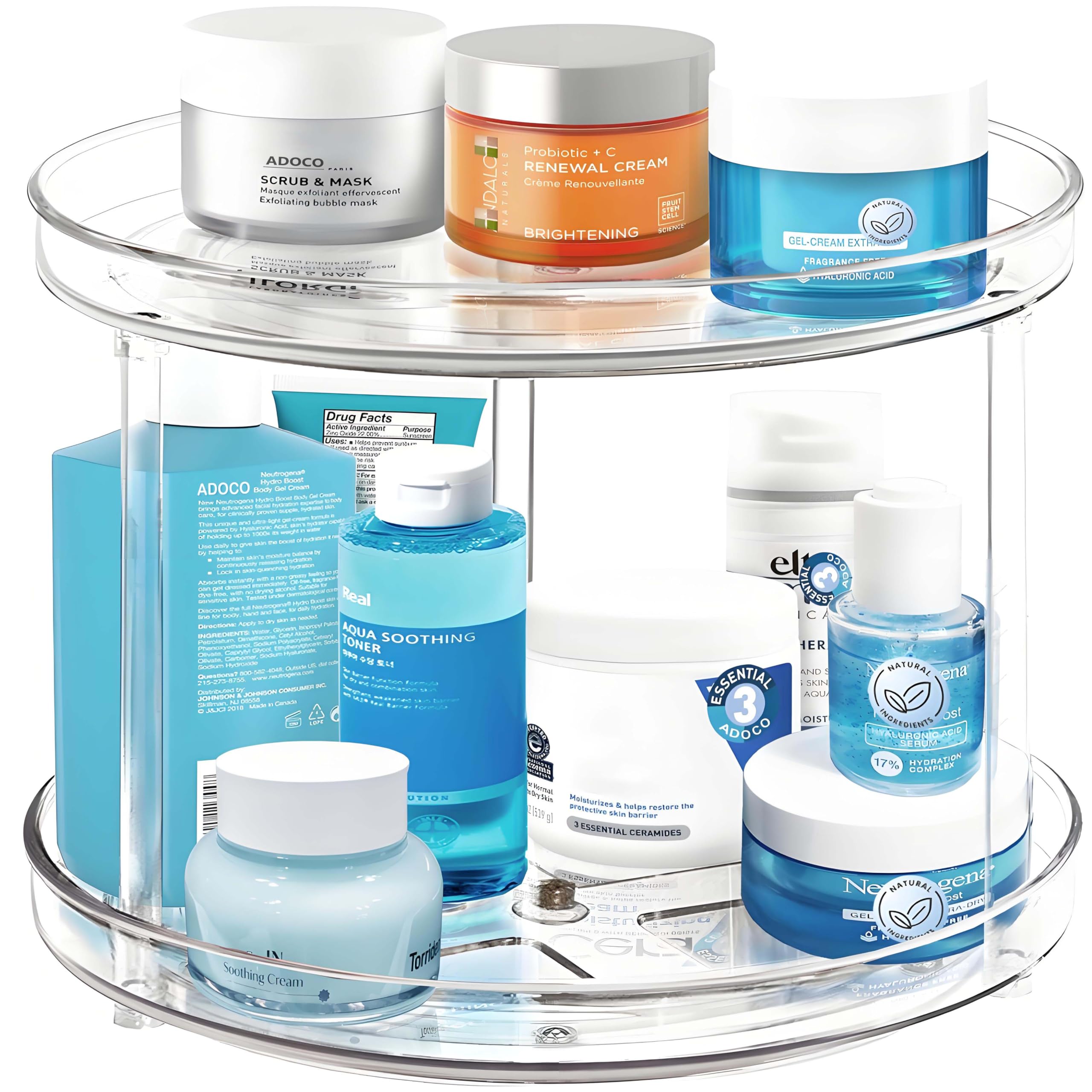 Adoco 2-tier lazy Susan bathroom organizer on countertop keeps items visible and accessible.