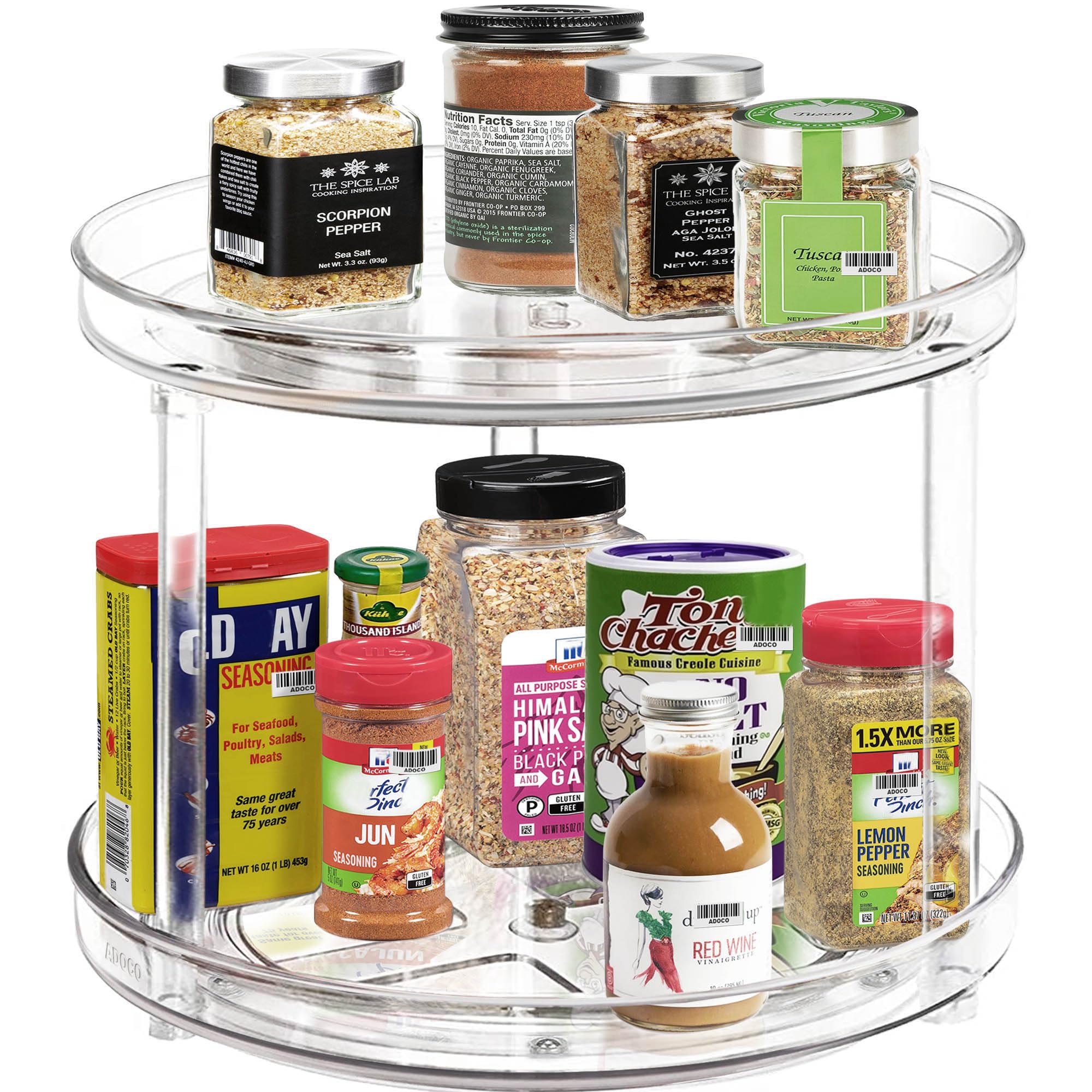 Adoco clear two-tier organizer on counter provides easy visibility for skincare bottles.