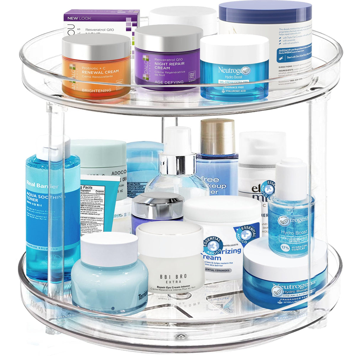 Adoco 2-tier lazy susan top view shows clear makeup organizer for quick access.