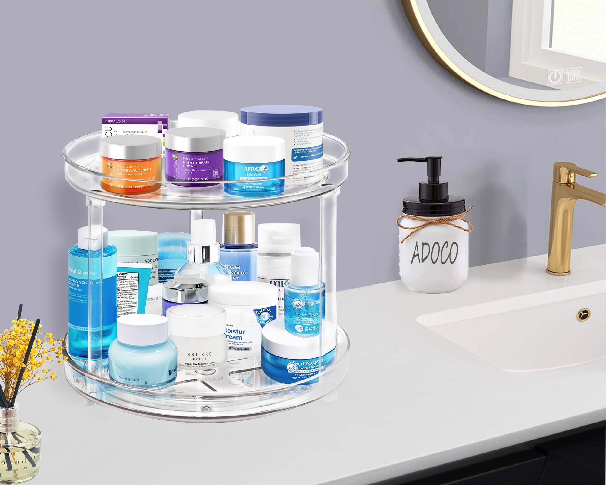 Adoco two-tier display keeps jars and bottles secure and organized.