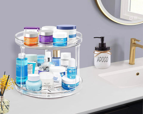 Adoco two-tier display keeps jars and bottles secure and organized.