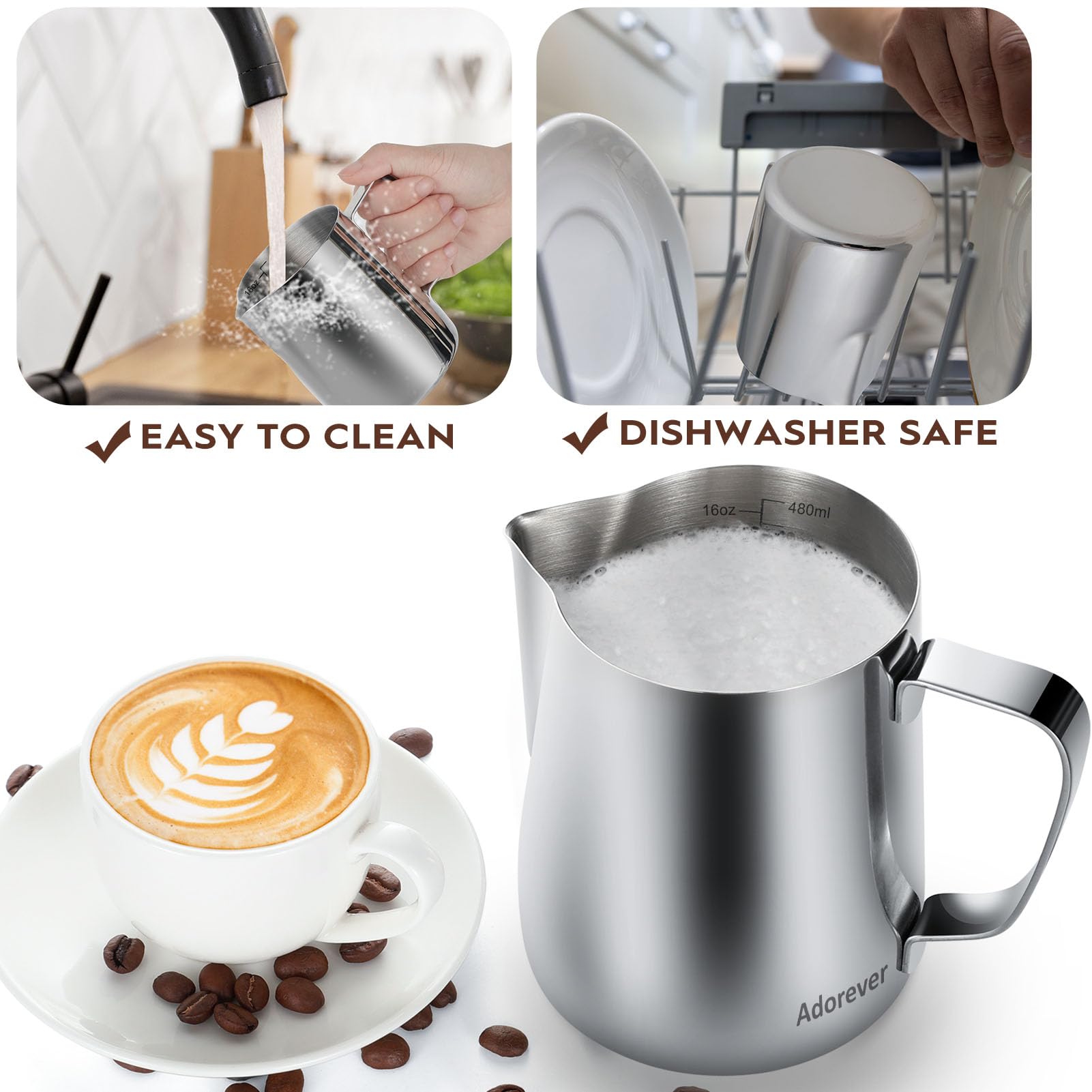 Adorever dishwasher-safe milk pitcher for quick cleanup after busy mornings.