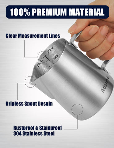 Adorever 12oz pitcher front-angle view showing durable matte steel finish