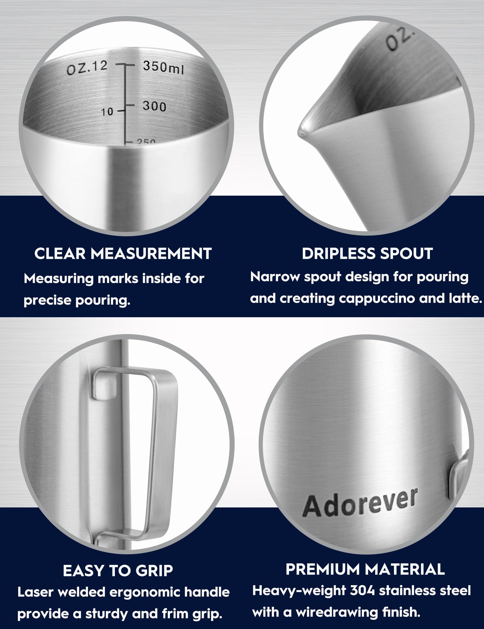 Adorever matte steel milk pitcher close-up of finish