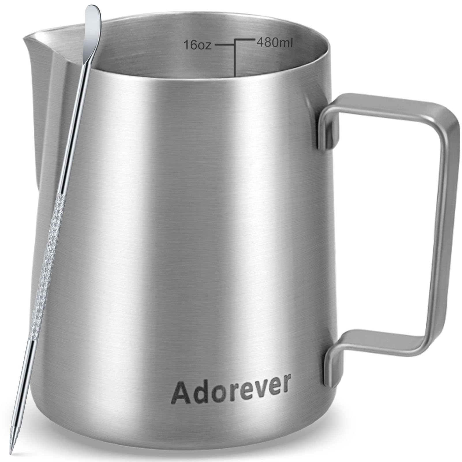 Adorever milk frothing pitcher front view for precise pouring and latte art