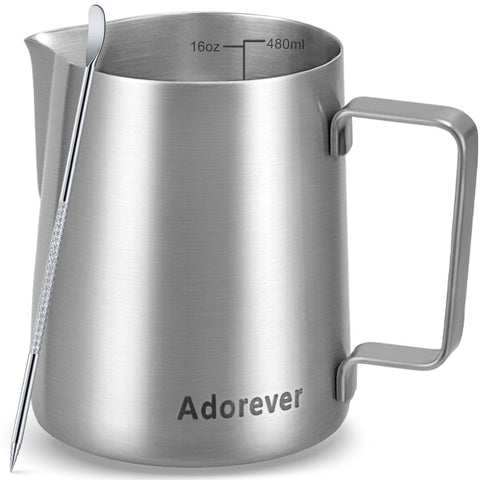 Adorever milk frothing pitcher front view for precise pouring and latte art