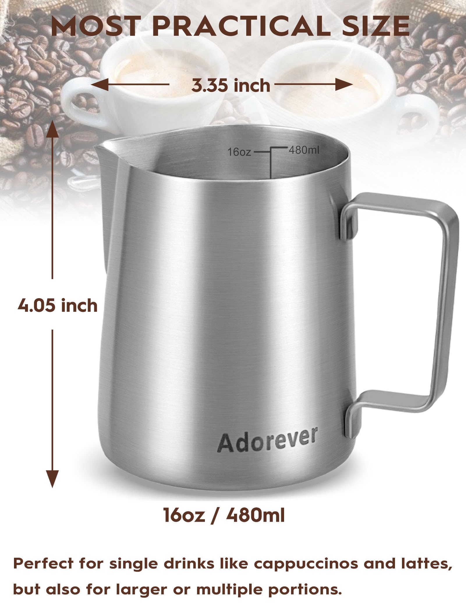 Adorever milk frothing pitcher pouring milk to create smooth froth for lattes