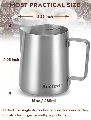 Adorever milk frothing pitcher pouring milk to create smooth froth for lattes