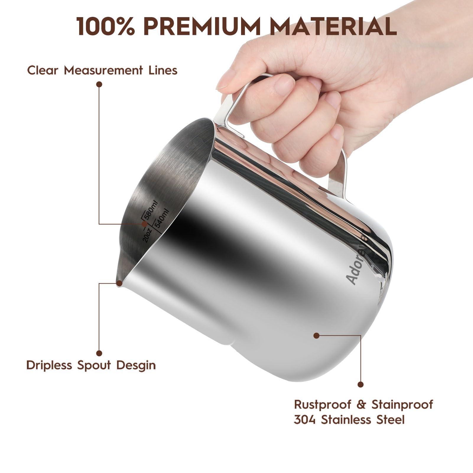 Adorever stainless steel milk pitcher durable and rust-proof.
