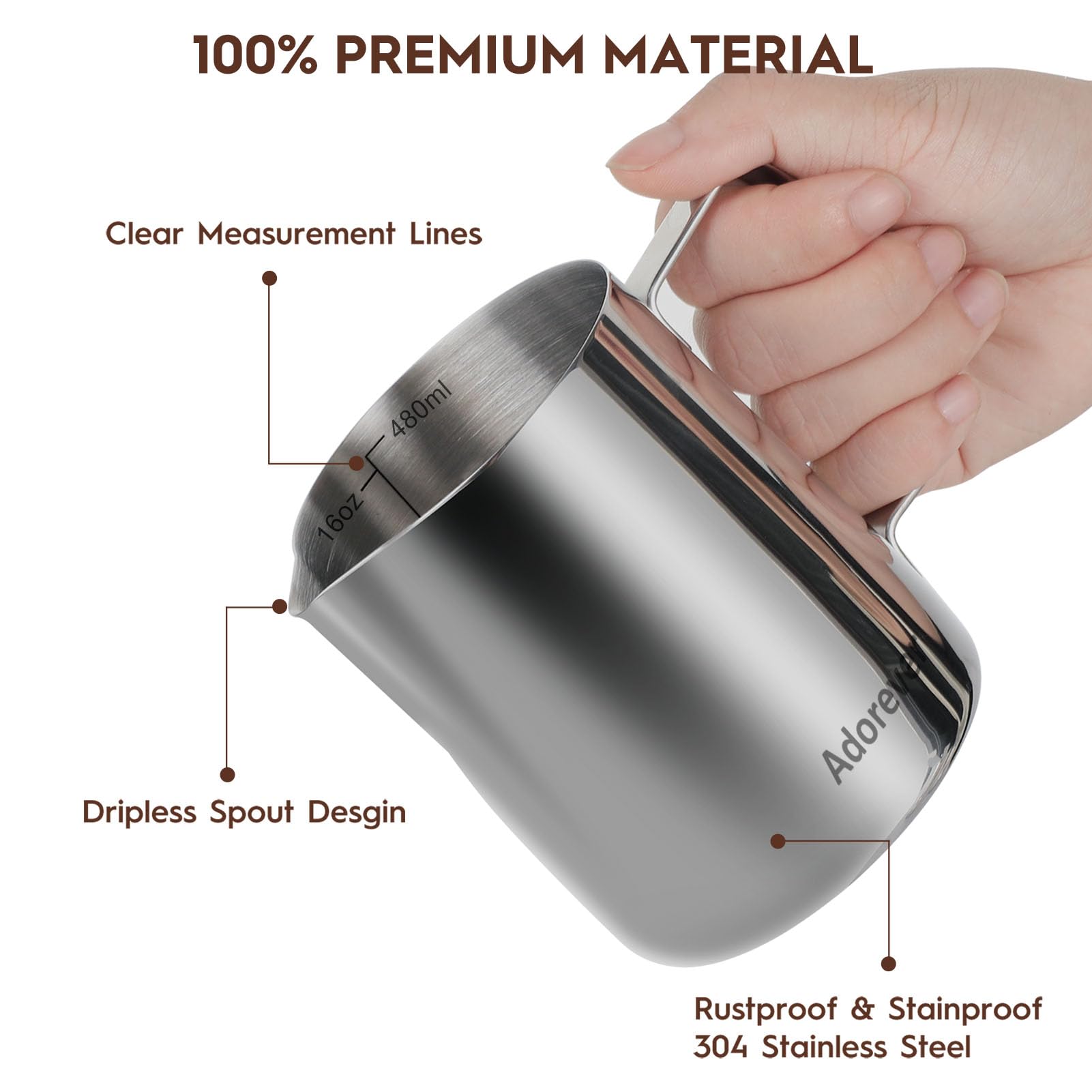 Adorever stainless steel 304 pitcher with inner markings for accurate measurements.