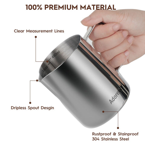 Adorever stainless steel 304 pitcher with inner markings for accurate measurements.