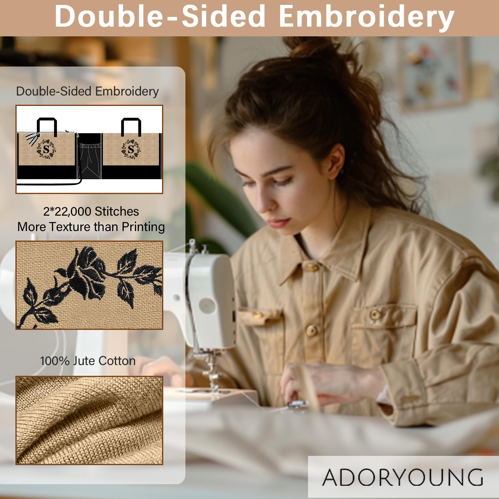 Adoryoung tote with double-sided embroidery for durable, stylish carry.