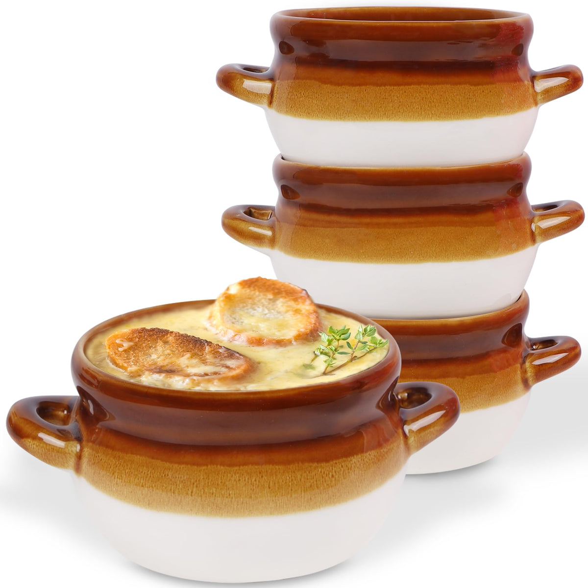 Adroiteet French onion soup crock oven-safe for bubbling servings.